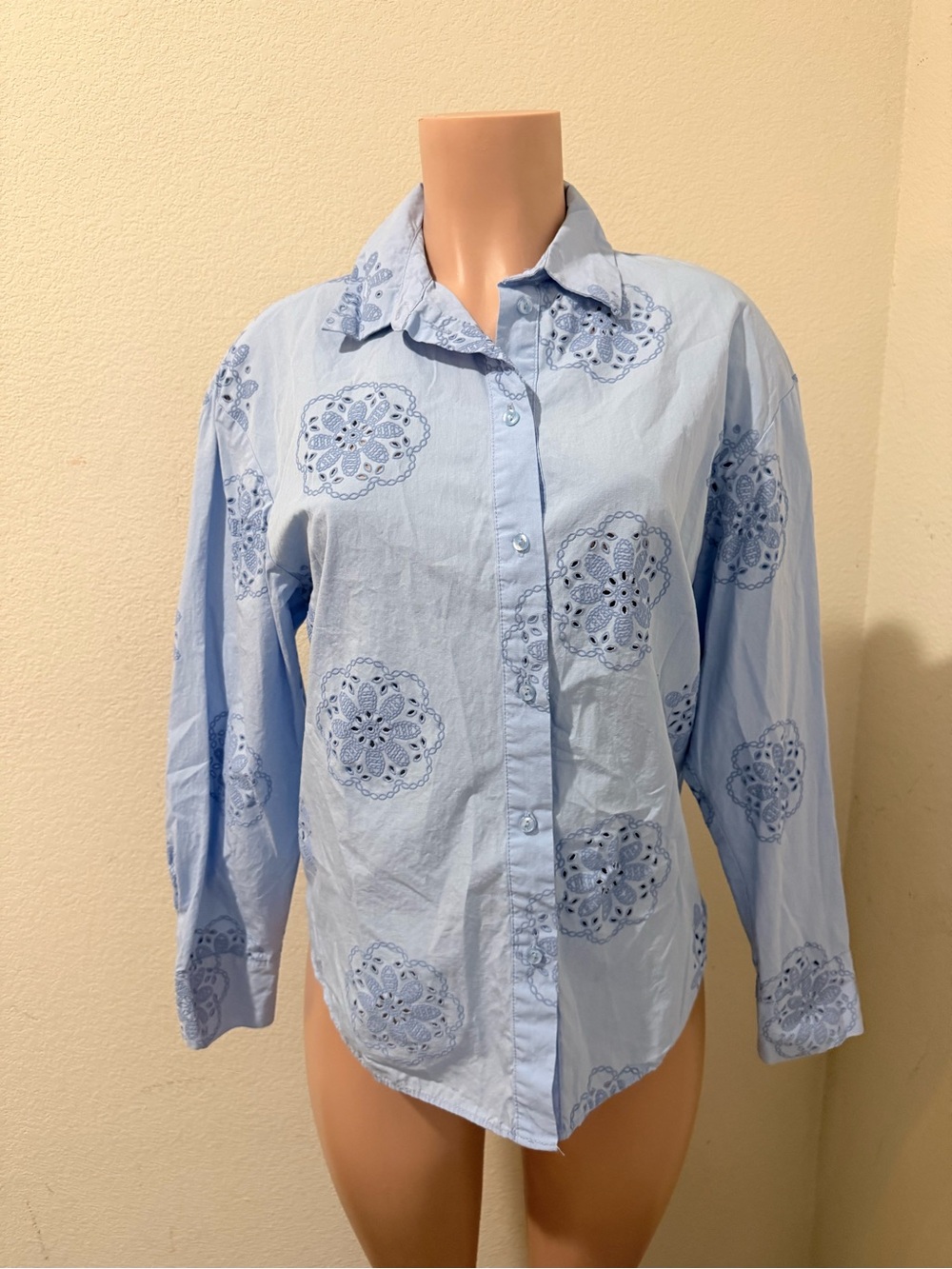 Zara Pale Blue Eyelet Button-Down Shirt